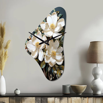 White Yellow Magnolias Southern Charm Patchwork - Asymmetric Metal Wall Clock